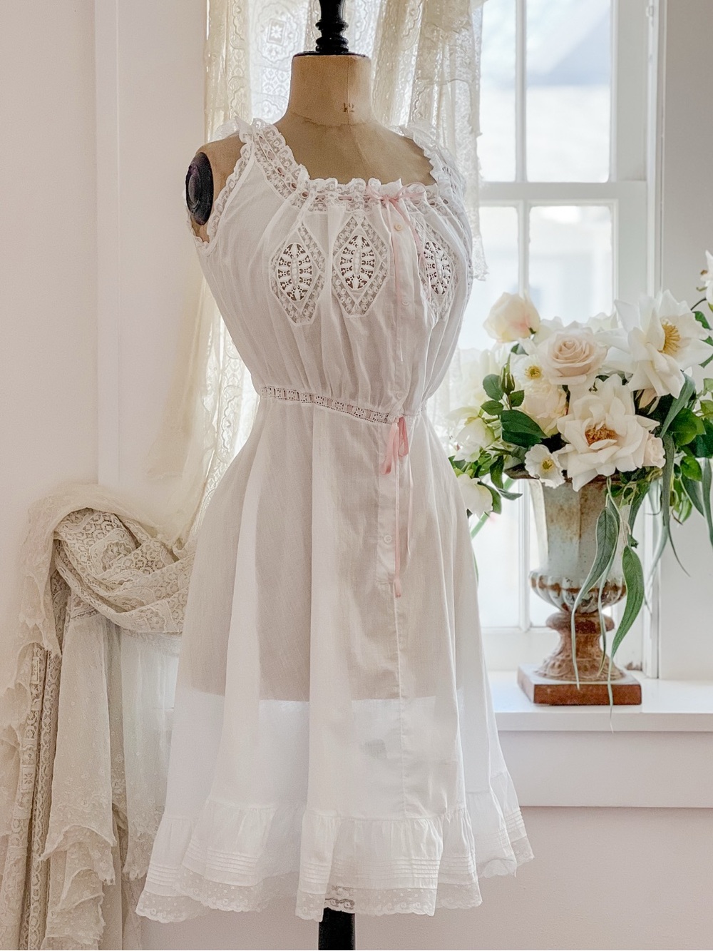 Edwardian White Lace Underdress with Pink Silk Ribbon Size XS